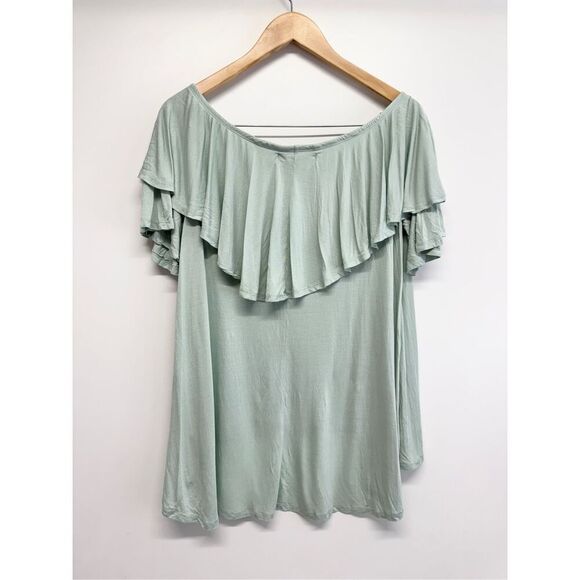 Free People Beach Off Shoulder Shirt Ruffle Green Pullover Size Large - Picture 3 of 8